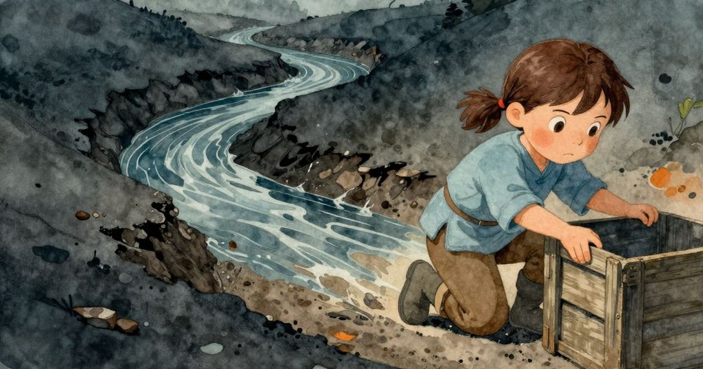 Liora蹲在廢棄箱旁，用舊木板修理流水通道，裂縫和泥沙動感交織，光線柔和帶點橙色