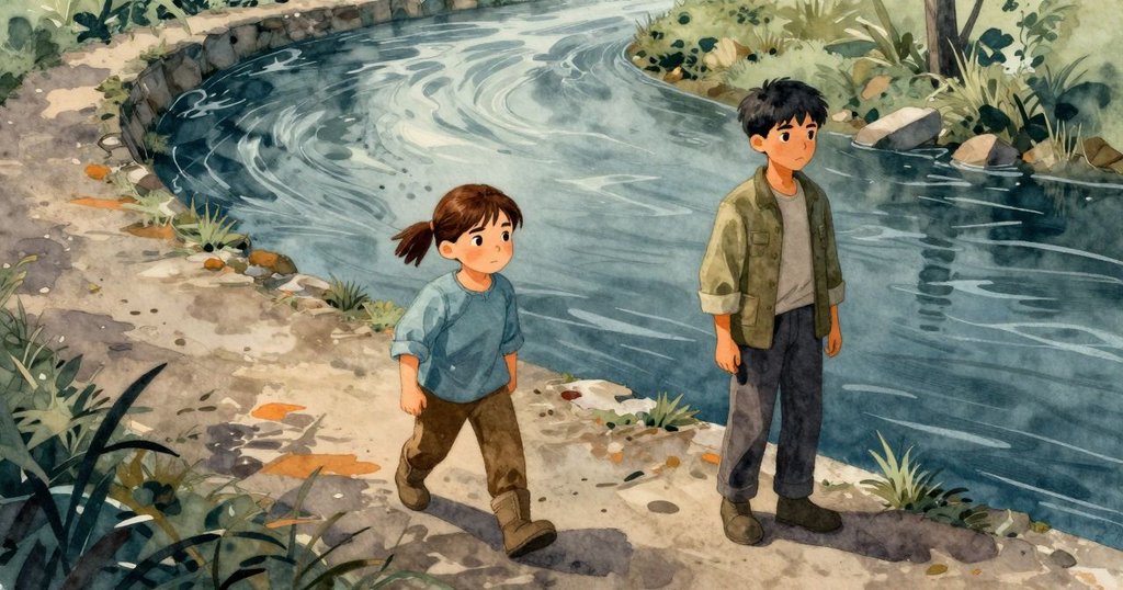 Dante和Liora在彎曲的小徑上相視，從高處俯瞰流水和石壁，展現出平靜與互動的情感