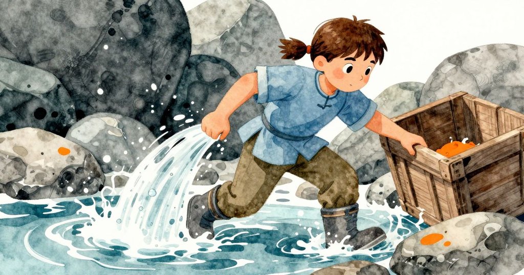 Liora匆忙整理石頭和箱板，追逐奔流的水聲，動感十足，橙色光線映襯下展現出行動與激情