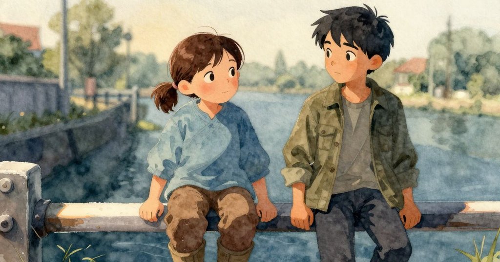 Liora與Dante在調整好的水閘旁相聚，輕鬆微笑著，背景為均勻流水，展現合作成功與內心平靜