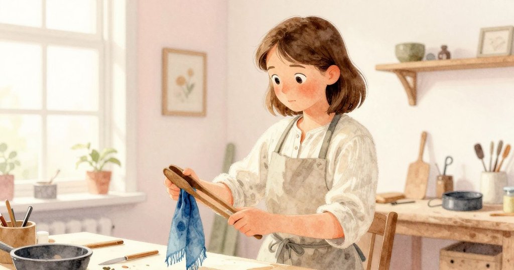 Flora在工坊內持木夾舉起濕藍圍巾，傾斜構圖與柔和光影交織，神秘氣氛浮現。