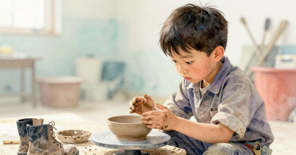 Yannick步入工坊將淺陶瓷裂痕碗放於石旁，Flora靜觀，一同展現藝術與勞作平衡意蘊。