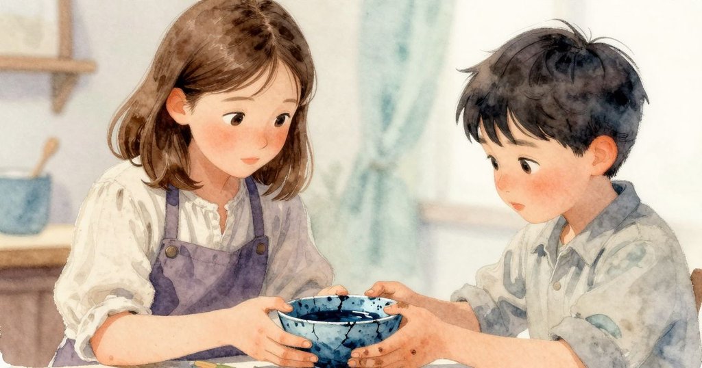 Flora細心扶持裂痕中滲藍瓷碗，現實與幻想交錯呈現，兩人神情傳遞著脆弱與堅持之情。