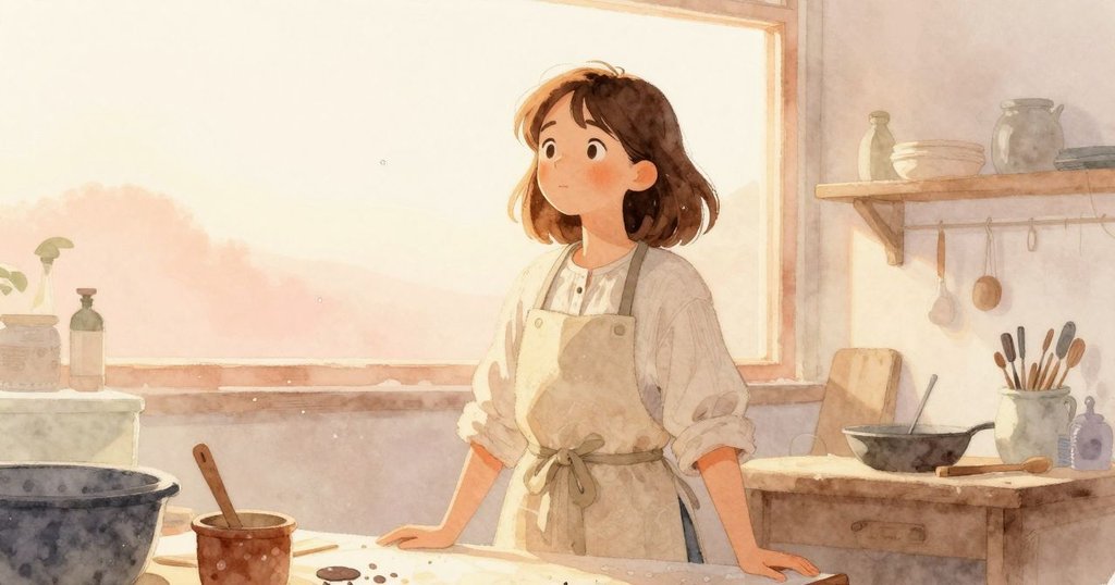 工坊在金色夕陽中溫暖綻放，Flora滿足凝望未乾水跡，光影交融中展現創作完成的柔情。