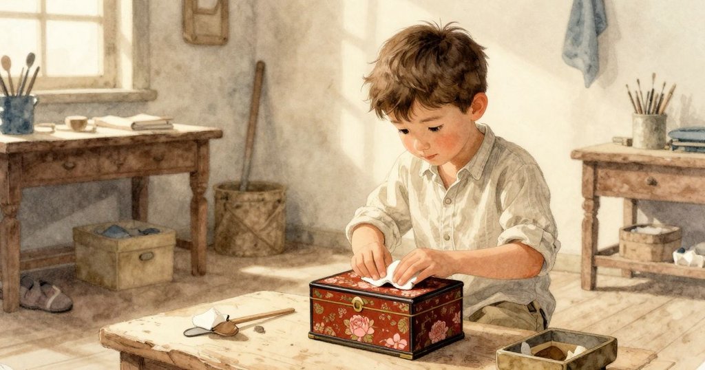 哈里斯在溫暖工作室內專注工作，身影在晨光中顯現，正細心轉動漆盒，展現故事開端。