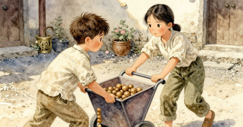 哈里斯與達拉合力推動運貨車，木珠四散形成動態軌跡，充滿活力展現解困關鍵時刻。