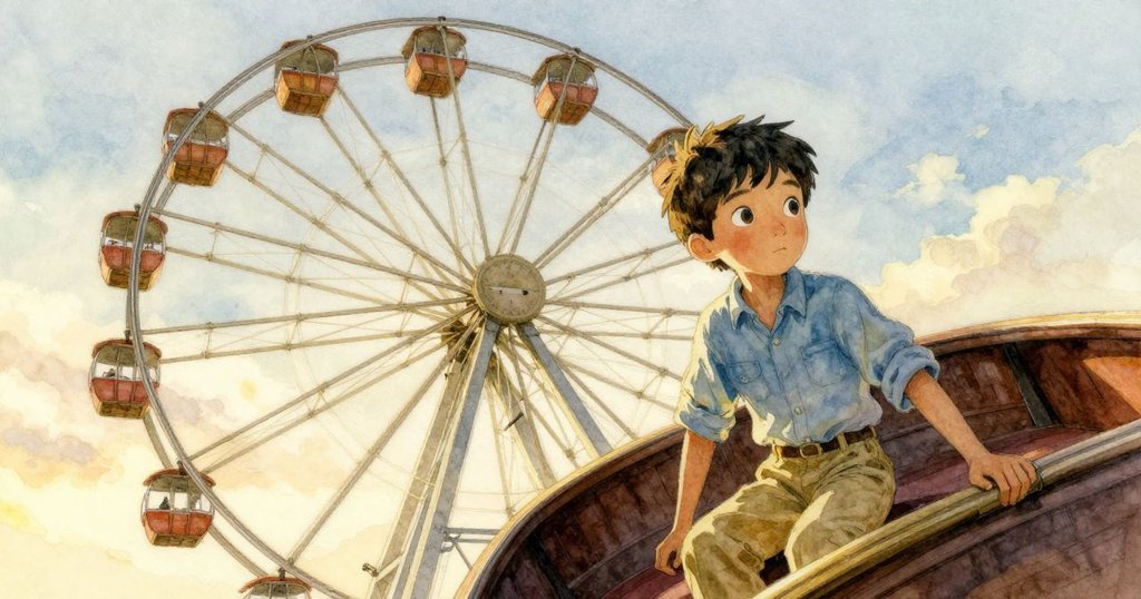 山姆手持螺旋貝殼與銅線，在旋轉摩天輪內，金色夕陽灑落，畫面傾斜充滿動感與驚奇