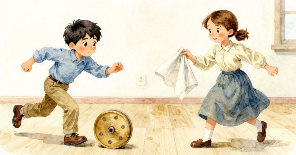 山姆急追滾動的銅捲，姊妹蓋瑪迅速用布攔阻捲線，畫面分割同時展現緊張合作行動