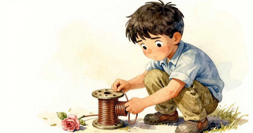 山姆蹲下小心取回銅捲，修正環繞貝殼的纏繞，動作專注充滿回憶與緊張氣氛