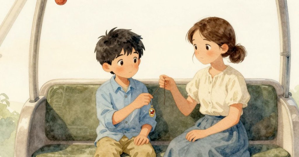 山姆安定坐下展示銅飾，蓋瑪溫柔提供鏈條，車廂內光線柔和，寧靜情緒瀰漫結局