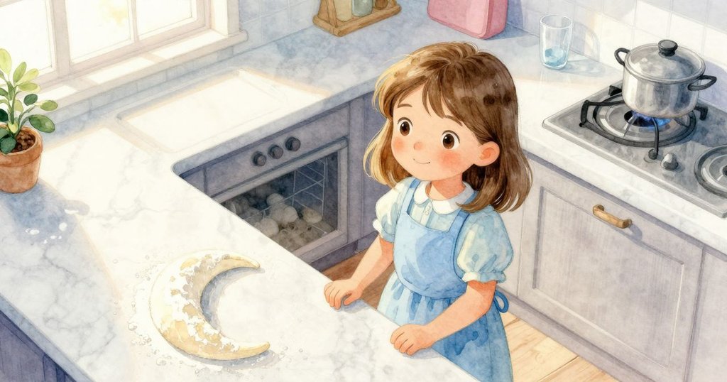 Xanthe 在廚房中伸展身體，從上方視角看見石檯上柔和麵粉新月與發酵罐，環境溫暖且富有細節