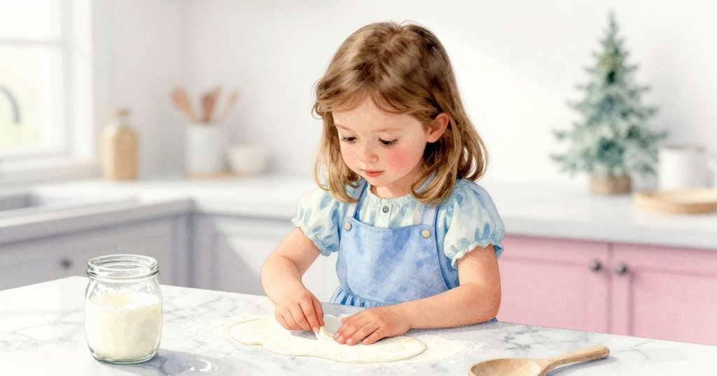 Xanthe 小心用手指觸摸櫃檯上柔和的麵粉痕跡，旁邊是傾斜的發酵劑瓶，燈光柔和且充滿細緻感