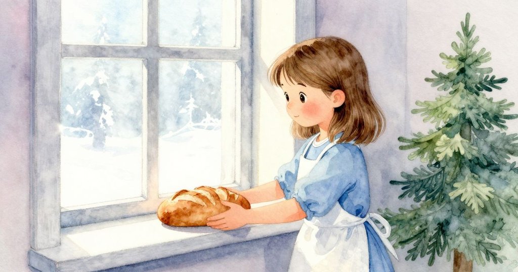 Xanthe 將新鮮出爐的麵包輕放在窗台上，窗戶射入明亮光線形成反射，營造室內外和諧氛圍