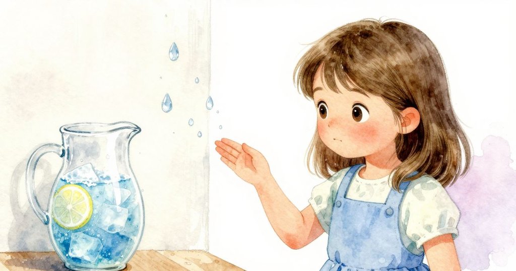 Xanthe 發現牆角水珠與檸檬水瓶上細小露珠，微微調整站姿，細節豐富展現溫馨廚房的變化