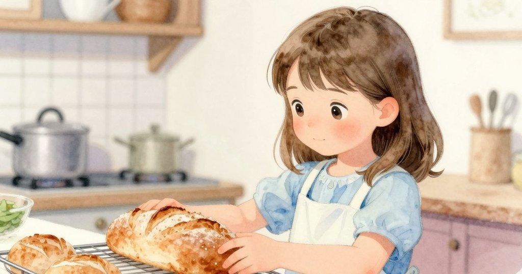 Xanthe 輕柔地將圓形麵包放上架子，臉上流露滿足與慶祝，背景隱約傳來溫暖聲音