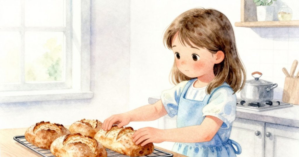 Xanthe 輕敲架上麵包底部，靜聽細微回響，溫暖燈光下展現寧靜滿足，結束一天的烘焙儀式