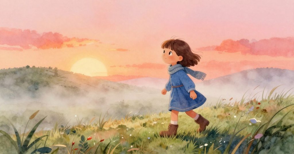 艾拉走入霧氣繚繞的草原, 穿著藍裙及針織圍巾, 表情堅定期待, 天際初曦微露, 氣氛神秘而溫暖