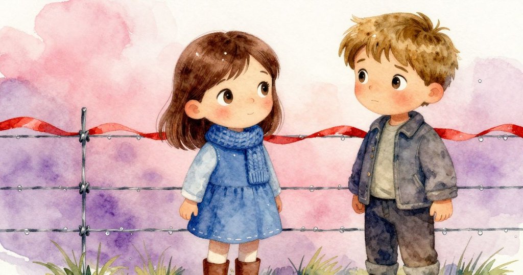 近距離捕捉鐵絲上閃爍著的水珠與搖曳紅緞帶, 細節豐富, 呈現出迷霧中微妙神秘詩意