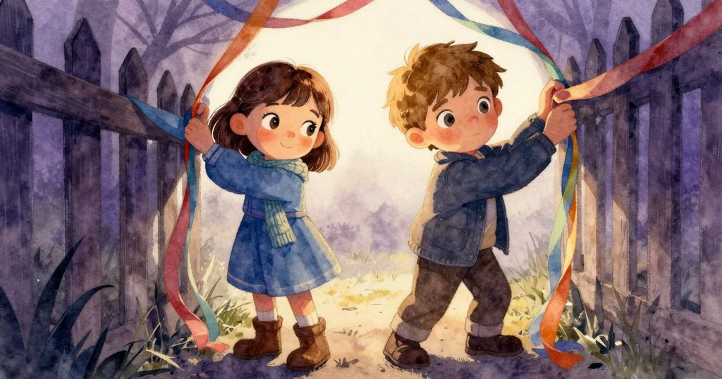 艾拉與馮恩在迷霧中協同掛彩帶, 錯視效果呈現奇幻動感, 兩人互動充滿活力, 霧氣隨意流動營造夢幻氣氛