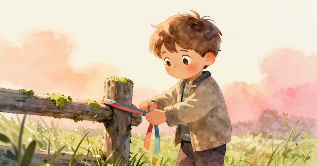 馮恩在春日晨霧中細心綁緞帶於苔蘚柱上, 草地上露珠閃爍, 呈現寧靜溫暖的自然氛圍