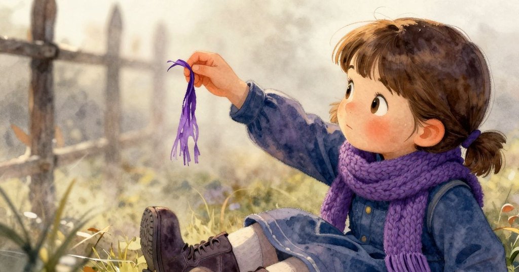 艾拉發現霧中孤獨搖曳的紫緞帶, 輕伸手觸碰, 表情驚奇溫柔, 霧背景柔化其他細節