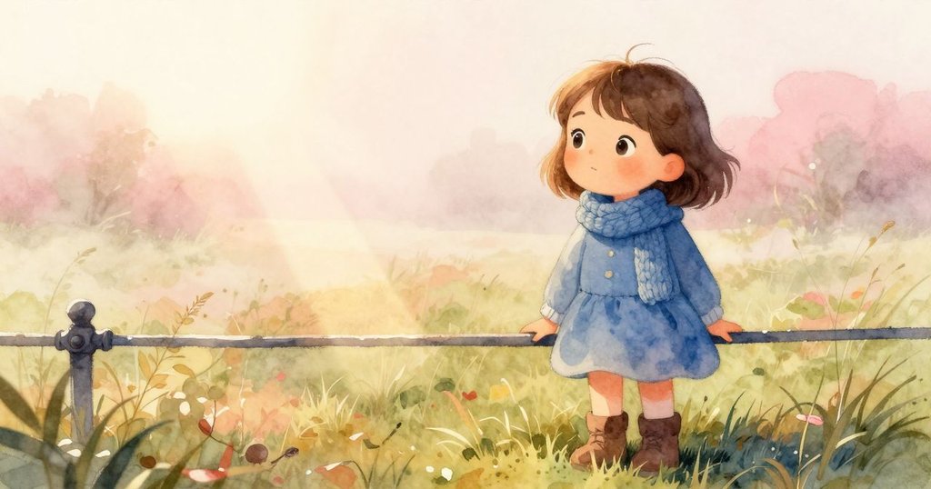 艾拉在逐漸消散的霧中輕放手於冰涼鐵絲, 陽光灑下帶來平和感, 表情放鬆, 呈現創作後的寧靜與滿足