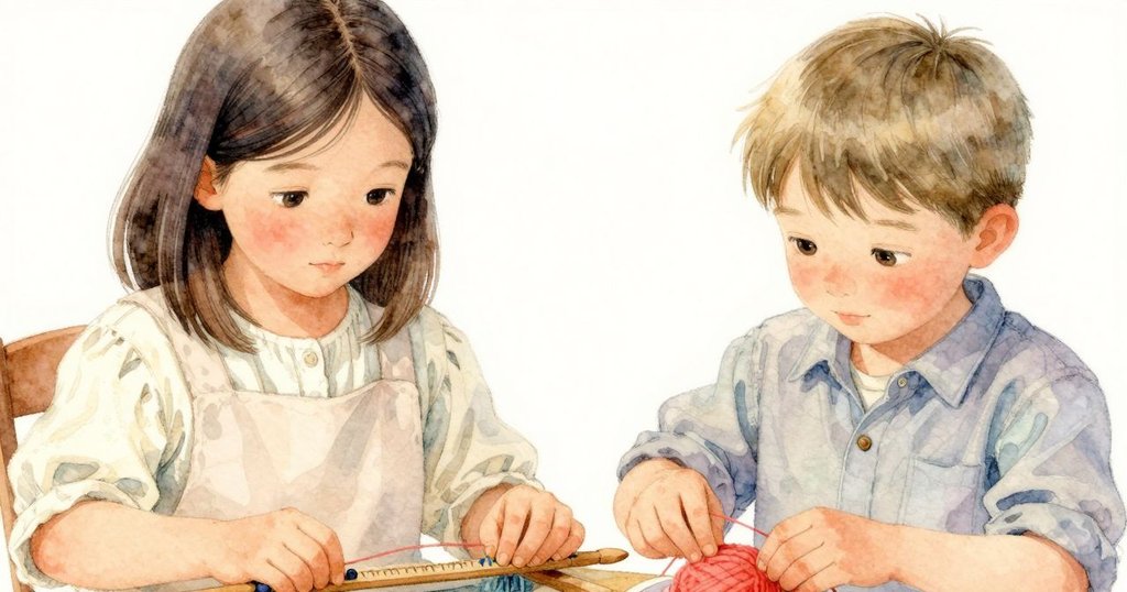 貼近烏蘇拉的手部細節，精巧操作編織機，明亮顏色線球與工具互動，散發專注情緒。