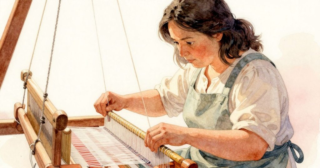 從低角度仰視烏蘇拉，專注表情與纖維交織，展現技藝與決心的力量感。