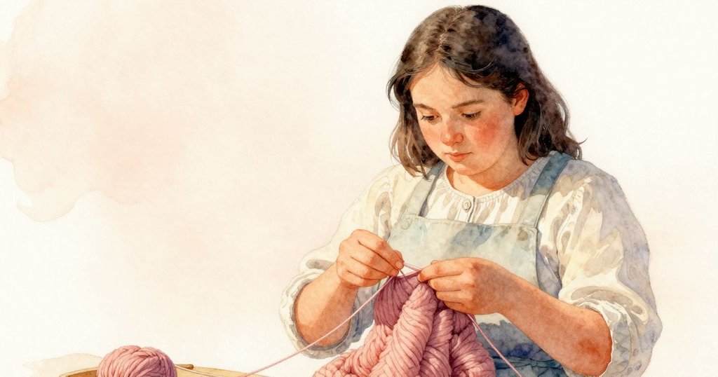 烏蘇拉輕巧拉扯新編紗線，纖維逐漸脫離，動作流暢引發視覺變化，情景緊張。