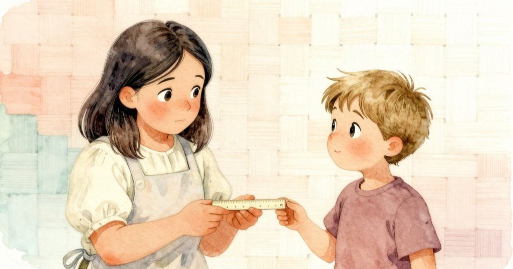 烏蘇拉與迪恩互遞測量工具，共享成就喜悅，編織完成留開一線空隙，和諧收尾。