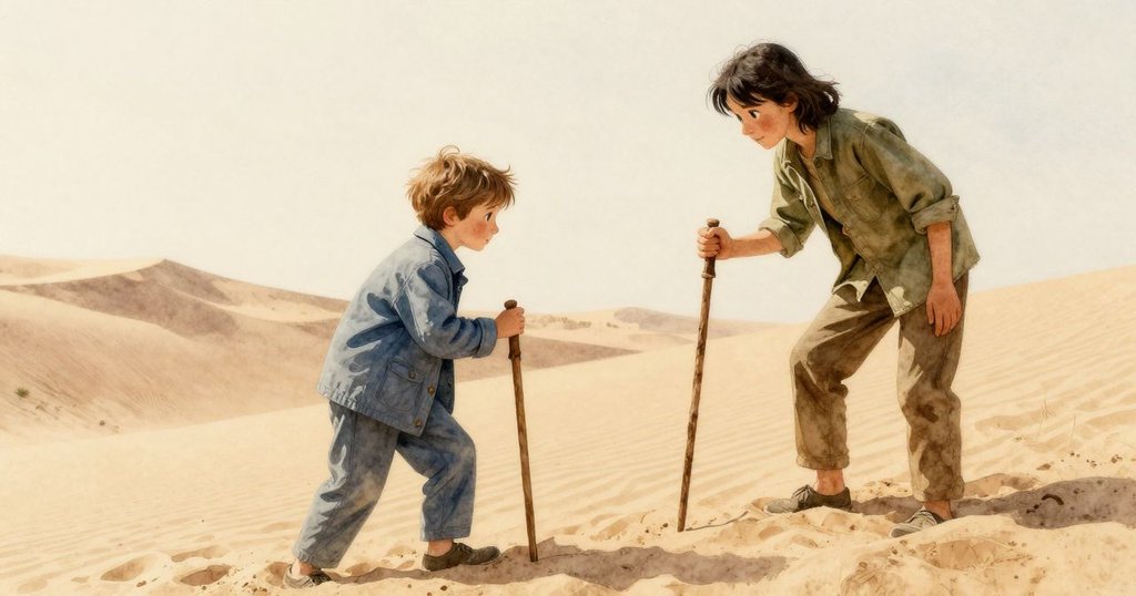 芬恩在沙丘上敲棍子，帕斯卡在旁觀察，沙丘細節與斜拍畫面展現探索與好奇情緒