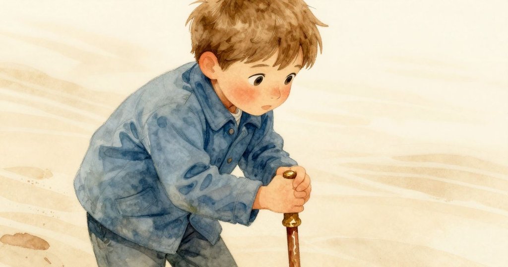 芬恩特寫眼神，專注敲擊砂丘，背景呈現微妙波紋與光影，表現出堅定與探索情感