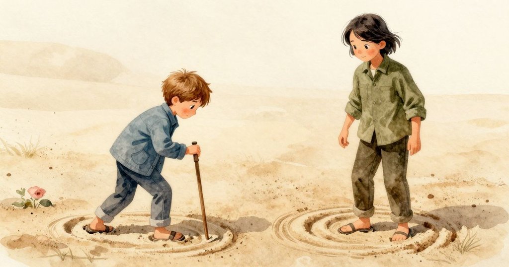 芬恩在沙丘上畫螺旋，帕斯卡靠近觀察，層次分明的沙粒在溫暖光線下展現細膩動作