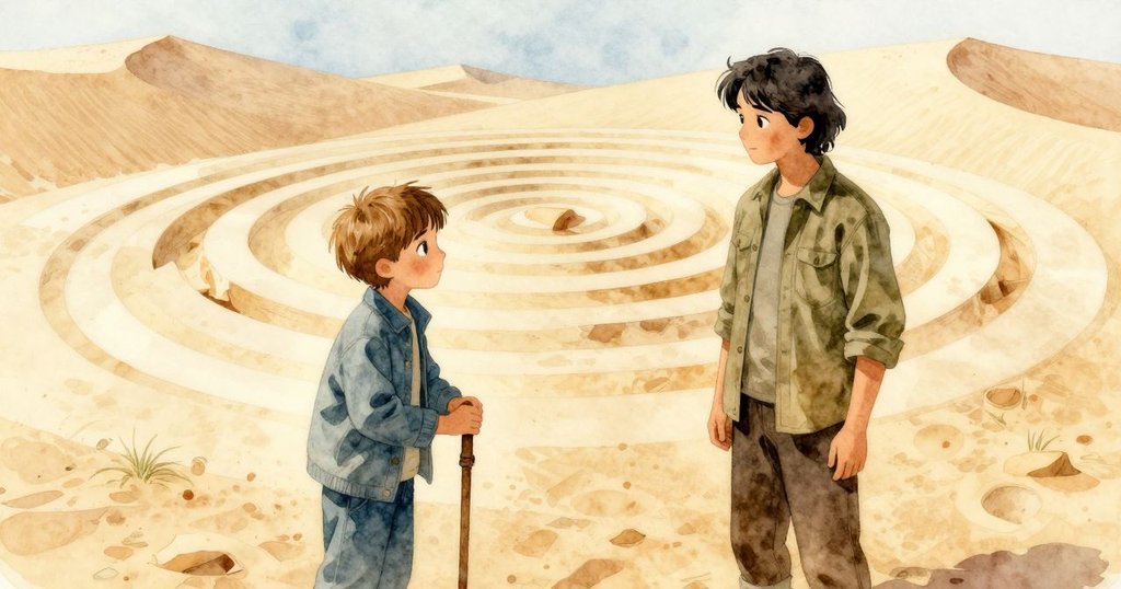 芬恩與帕斯卡站在異形幾何沙丘中，螺旋線條逐漸崩解，營造夢幻而超現實的視覺效果