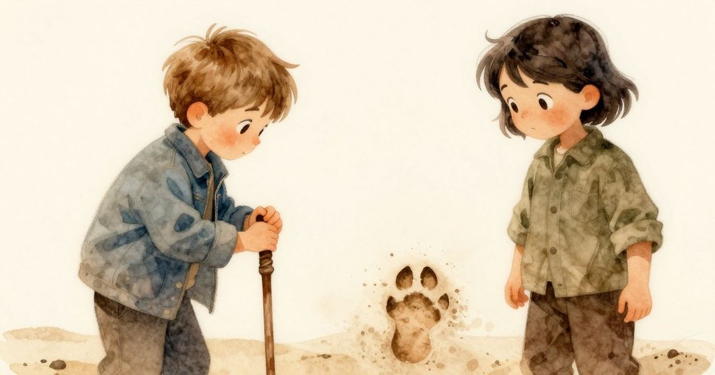 芬恩發現半掩駱駝蹄印，伸手比對沙粒質感，帕斯卡好奇靠近，精緻細節展現瞬間發現