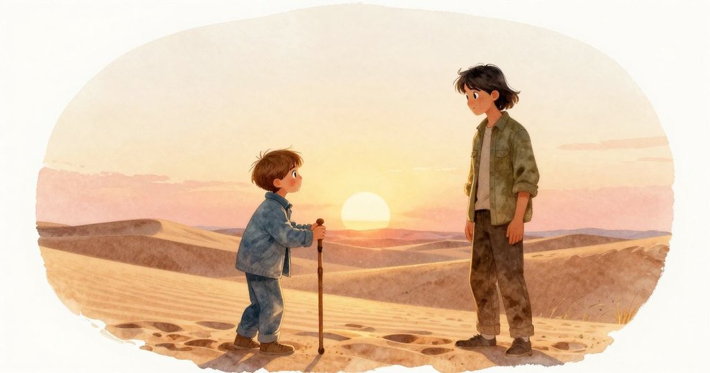 夕陽下沙丘緩移，芬恩重敲步調，帕斯卡靜觀風帶走印記，情緒由探索轉為沉思