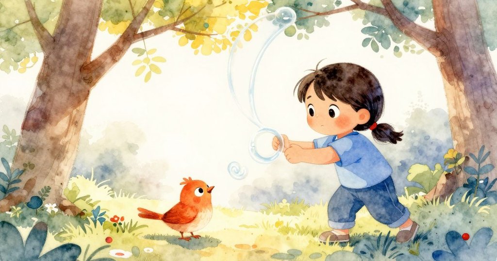 在晨霧中，Yasmin在庭院中指引肥皂圈，鳥兒警覺站在桌緣，場景散發柔和暖意與期待。