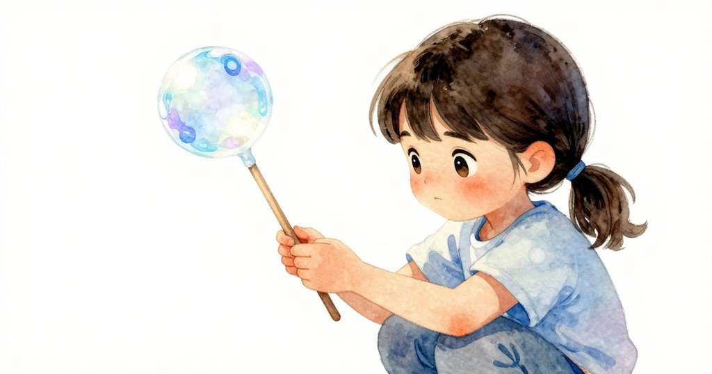 Yasmin用巧手調整魔法棒，專注於變幻銀綠色的肥皂膜，畫面聚焦細膩動作，背景溫馨。