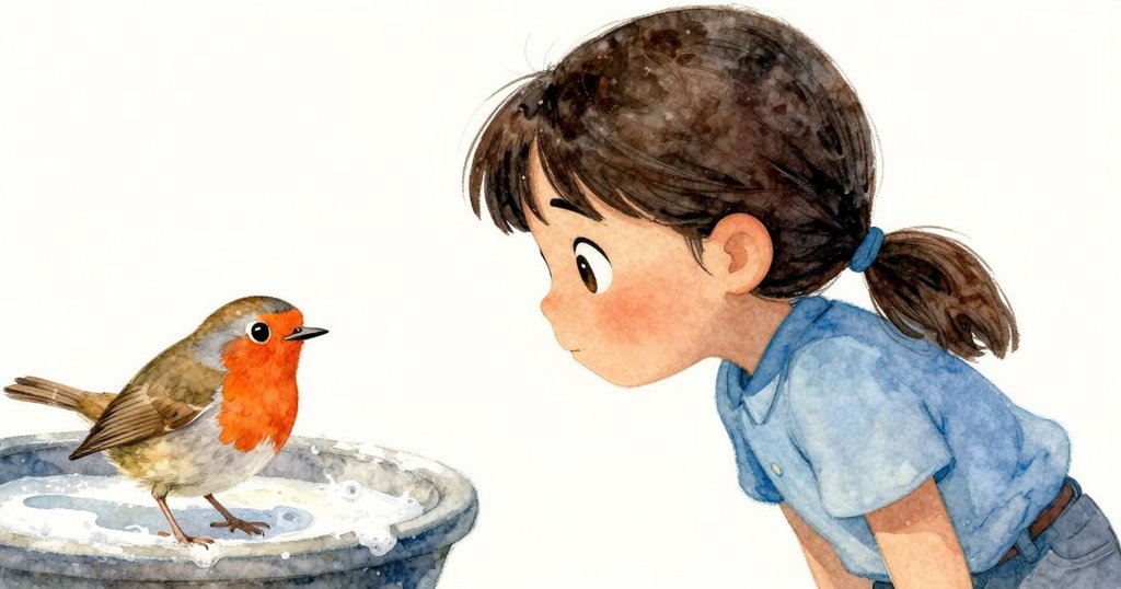 從Yasmin背後視角拍攝，她凝視著鳥兒輕觸肥皂池緣，場景溫暖柔和，充滿平靜與細膩情感。