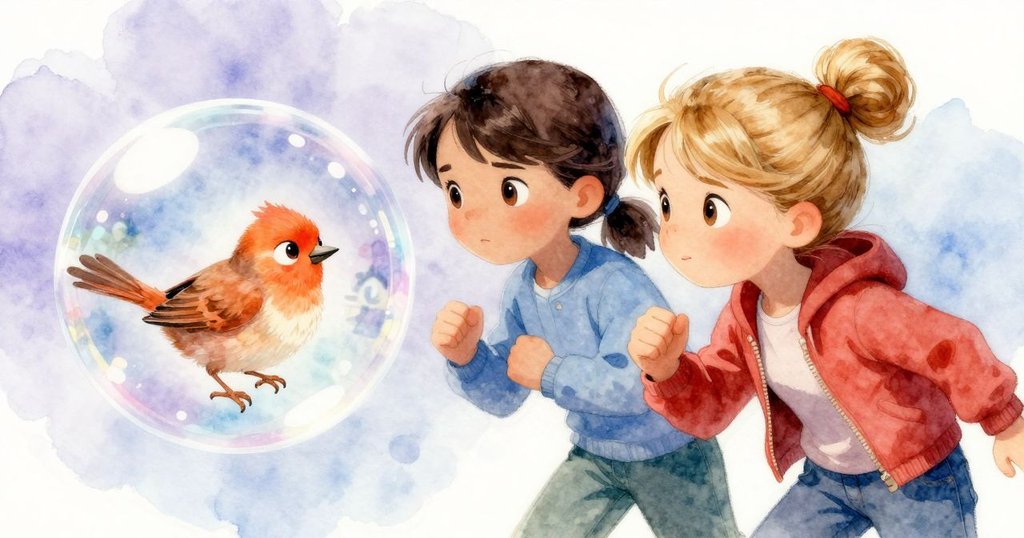 透過透明肥皂泡面觀察庭院，燈光迷離，景物彷彿水中旋轉，呈現柔和奇幻魔法般的夢境。