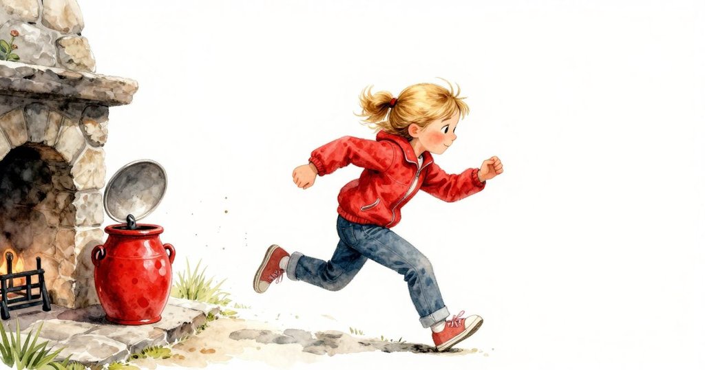 Fenna急奔追逐搖晃的罐子，石牆旁背景活躍，畫面充滿動感緊張，呼喊聲中散發堅定勇氣。