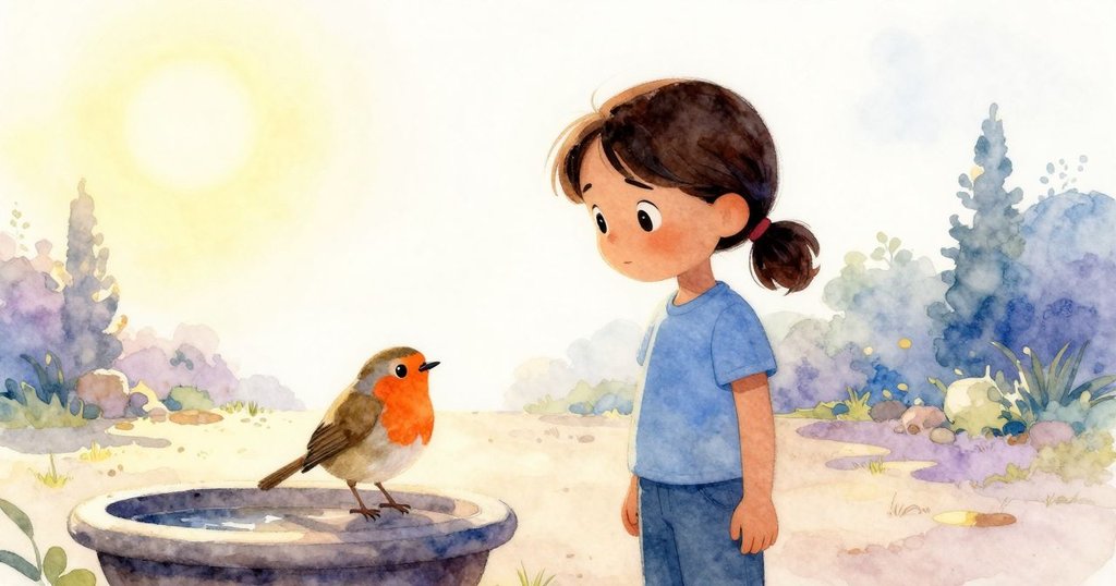 在柔和暮光中，Yasmin與鳥兒於靜謐庭院中相伴，背景火爐與座椅隱約，畫面傳遞寧靜結局。