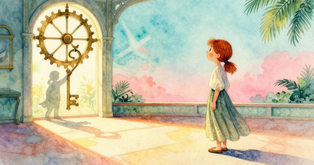 烏拉在陽光中轉動發條，剪影顯現於發亮古鐘中，麻雀在齒輪上跳動，現場和諧溫暖