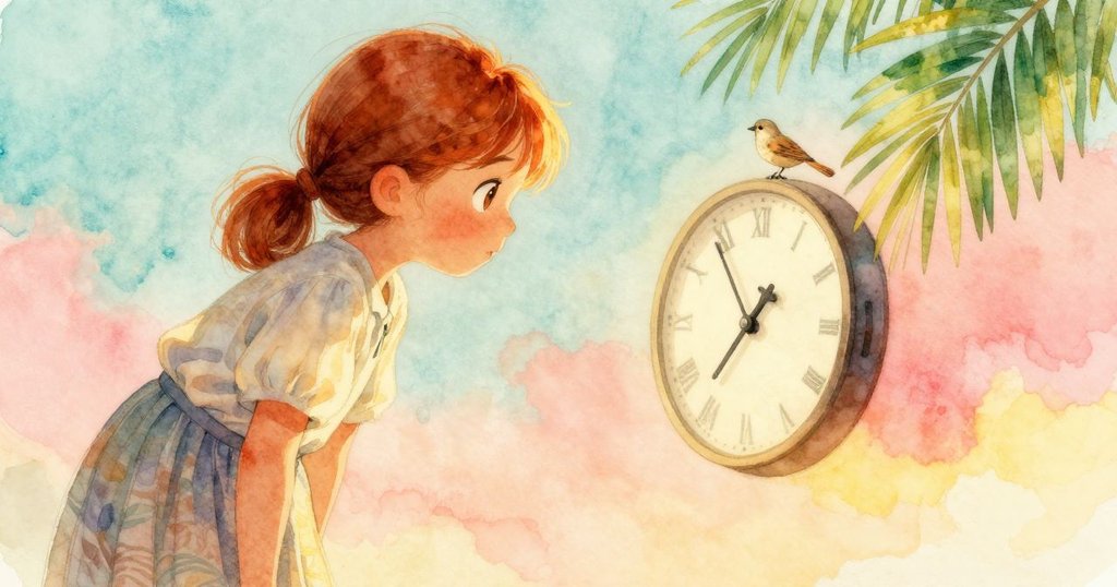 烏拉面部特寫展現專注神情，凝視麻雀在時鐘面輕巧移動，溫柔光影襯托背景