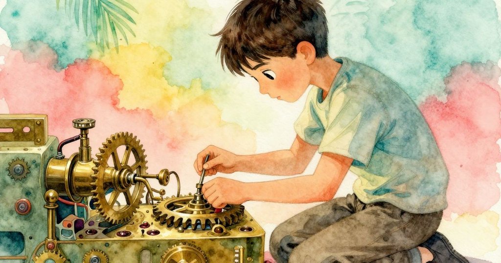 從烏拉肩後視角，克魯斯跪於發條旁專注檢查機械，烏拉手扶發條，背景展現古鐘細節