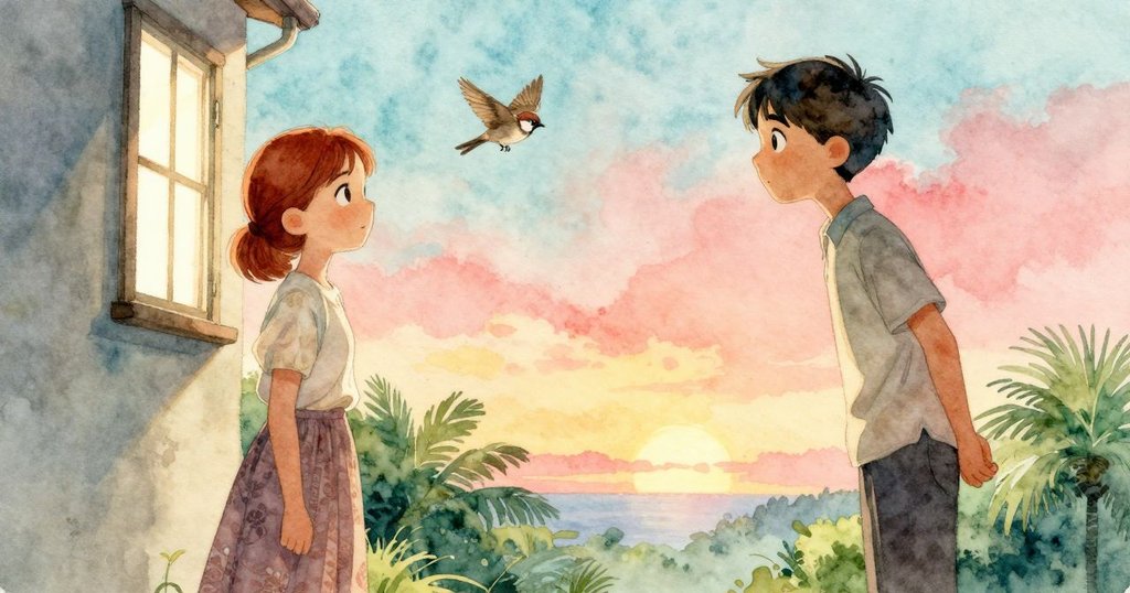 麻雀向窗外飛去，明亮自然光灑入室內，透過窄窗呈現外部風景，室內與戶外和諧交融