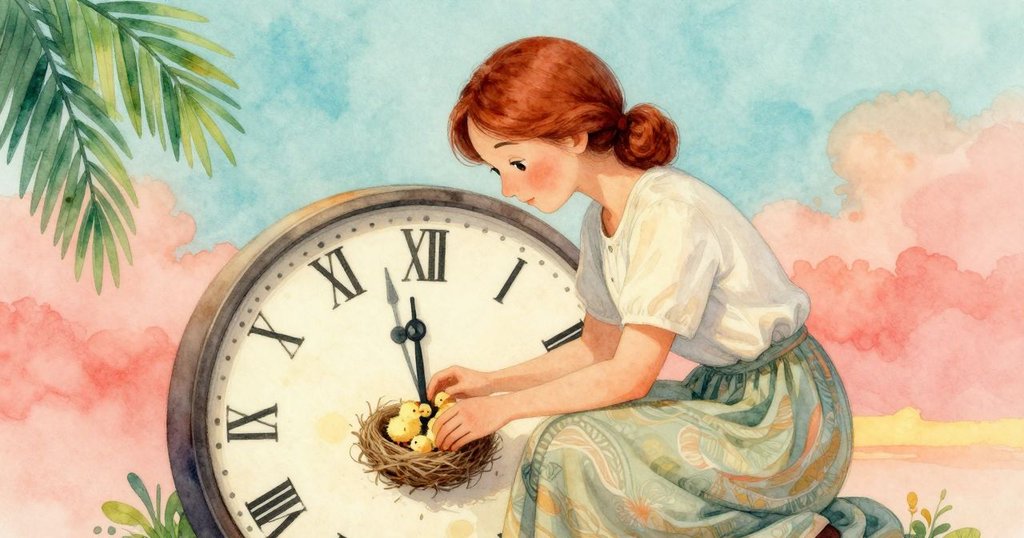 烏拉蹲在時鐘面前發現隱藏巢穴，兩隻斑點鳥仔與羽毛細節映出抱枕缺失，場景溫柔又驚喜