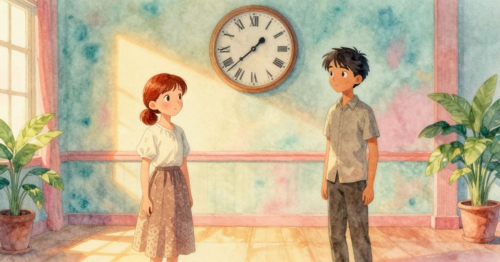 烏拉與克魯斯並肩站立於鐘室中，夕陽餘暉灑落在古鐘齒輪上，二人神情平和，場景靜謐舒心