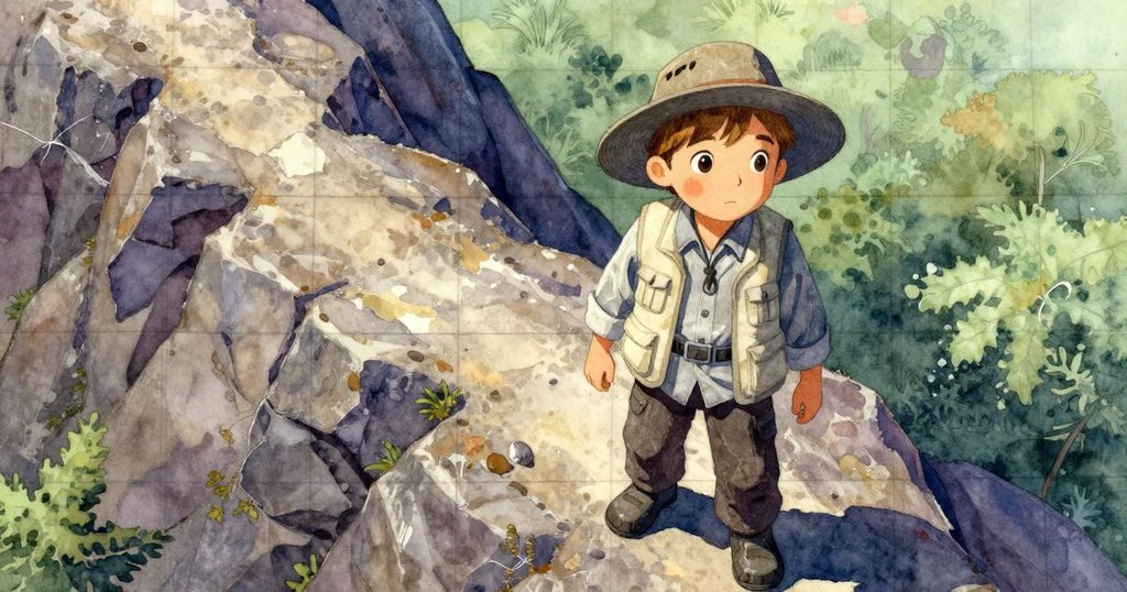 露莎站在岩脊上遠眺, 阿爾登在下方工作, 網格石塊清晰, 自然風景明亮且充滿期待