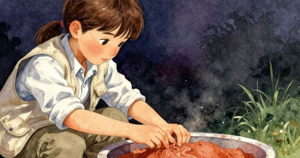 露莎正仔細刷拭橙黃石面, 細膩紋理展現新顯曲線, 手部動作專注, 光影柔和呈現細節